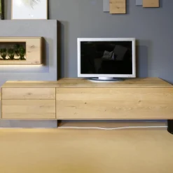 Wohnwand Brik Kerneiche Natur Massiv Akzente In Betonstein Inklusive 2 Wandleuchten