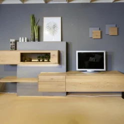 Wohnwand Brik Kerneiche Natur Massiv Akzente In Betonstein Inklusive 2 Wandleuchten