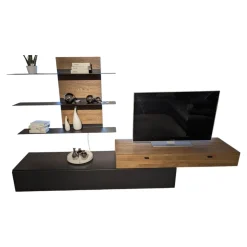 Wohnwand Cairano Schiefer Schwarz Raucheiche Massiv Mit Beleuchtung Und Kabeldurchlass