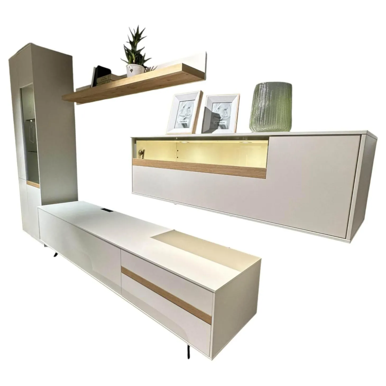 Wohnwand Calea Lack Seidenmatt Weiß Akzent Wildeiche Natur Mit LED Beleuchtung