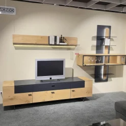 Wohnwand Cantato 1006 Balkeneiche Natur Lack Seidenmatt Anthrazit Griff Anthrazit Fußgestell Metallverstärkung Mit LED Beleuchtung