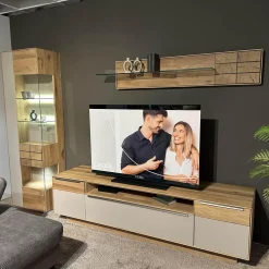 Wohnwand Carson Asteiche Massiv Bianco Geölt Akzent Glas Schlamm Grau Satiniert