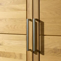 Wohnwand Casera 16 Rustikale Asteiche Hartwachsöl Bianco Geschliffen Klarglas Metallgriff Nickelfarbig Gebürstet Inklusive LED Beleuchtung