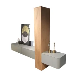 Wohnwand Clea Lack LM Pigeon Grau Absetzung Asteiche Bianco