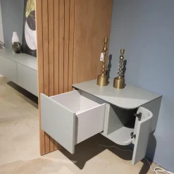 Wohnwand Clea Lack LM Pigeon Grau Absetzung Asteiche Bianco