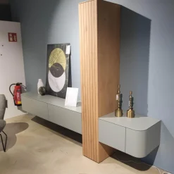 Wohnwand Clea Lack LM Pigeon Grau Absetzung Asteiche Bianco