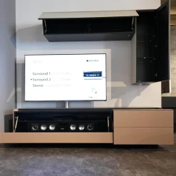 Wohnwand Cocoon Glas CAO Cacao Braun Satiniert Beige Stoff CF Schwarz Mit Soundsystem