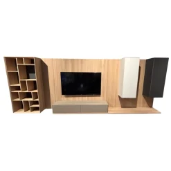 Wohnwand Cubus Pure 32 Eiche Weiß Geölt Farbglas In Naturweiß Kiesel Grau Und Graphitgrau Mit Beleuchtung Und TV-Halteplatte