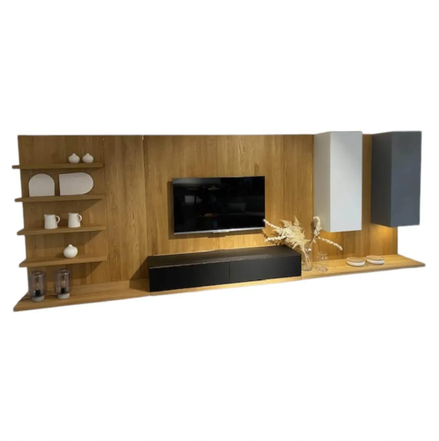 Wohnwand Cubus Pure Eiche Natur Geölt Hängeelemente Glas Weiß Mittelgrau Und Schwarz TV Element Stofffront Mit LED Beleuchtung