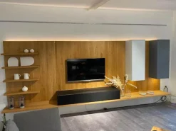 Wohnwand Cubus Pure Eiche Natur Geölt Hängeelemente Glas Weiß Mittelgrau Und Schwarz TV Element Stofffront Mit LED Beleuchtung