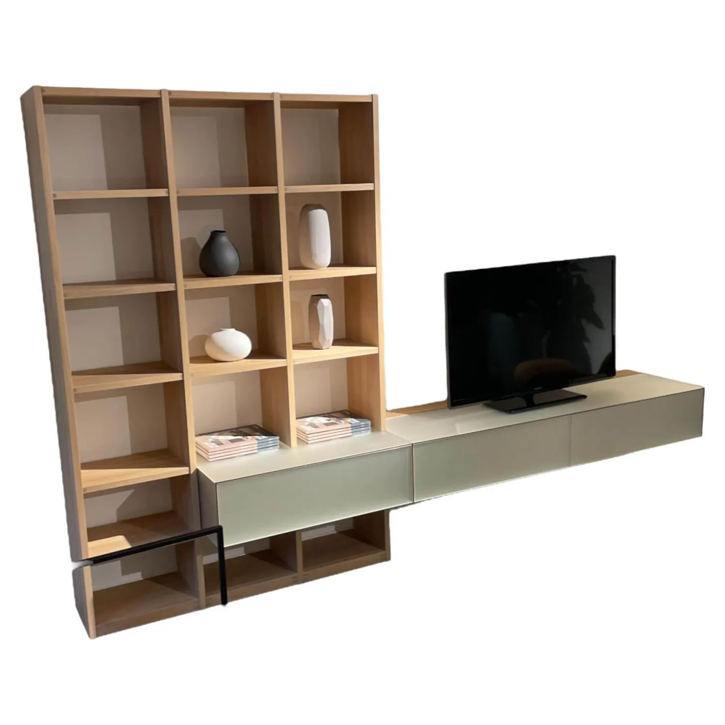 Wohnwand Cubus Pure Volholz Eiche Weiß Geölt Glas Pearl Matt Mit Touchbeschlag