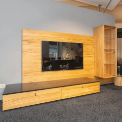 Wohnwand Cubus Vollholz Kernbuche Natur Geölt Inklusive Granit-Platte Und LED-Beleuchtung