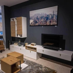 Wohnwand Fablo Balkeneiche Bianco Weiß Matt mit Beleuchtung