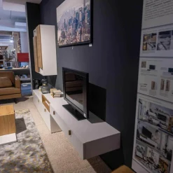 Wohnwand Fablo Balkeneiche Bianco Weiß Matt mit Beleuchtung