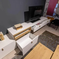 Wohnwand Fablo Balkeneiche Bianco Weiß Matt mit Beleuchtung