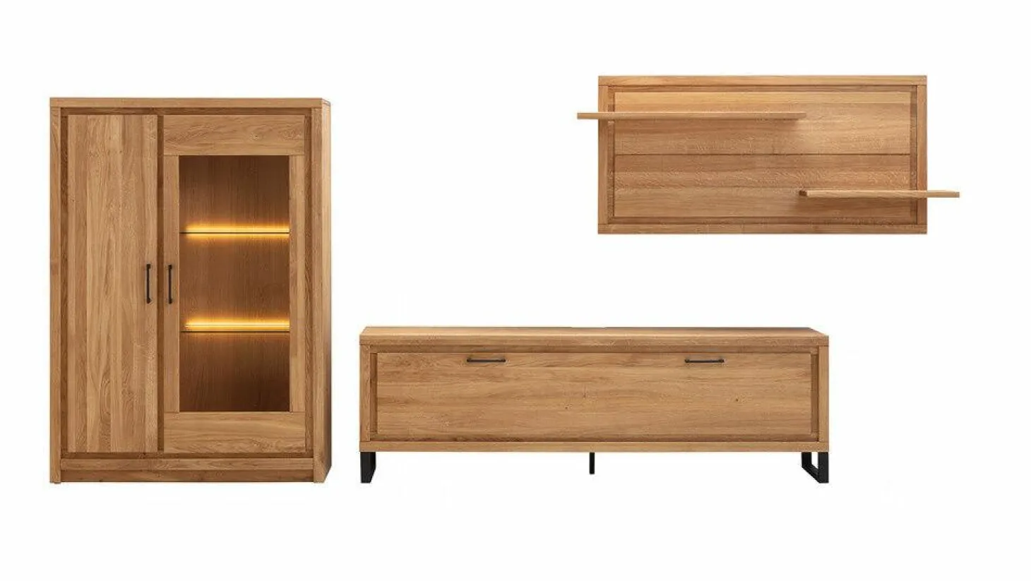 Wohnwand Farmingdale Light Eiche Natur Massiv Geölt mit Beleuchtung