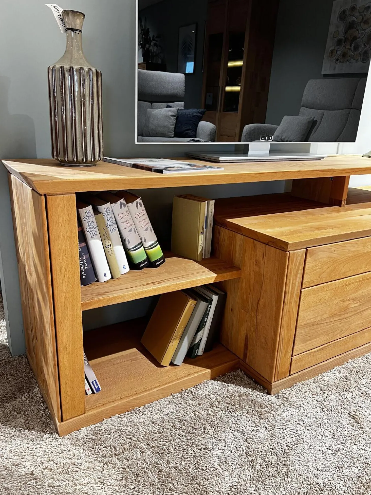 Wohnwand Faro Plus Kernbuche Geölt Inklusive LED Beleuchtung Und Kabeldurchlass