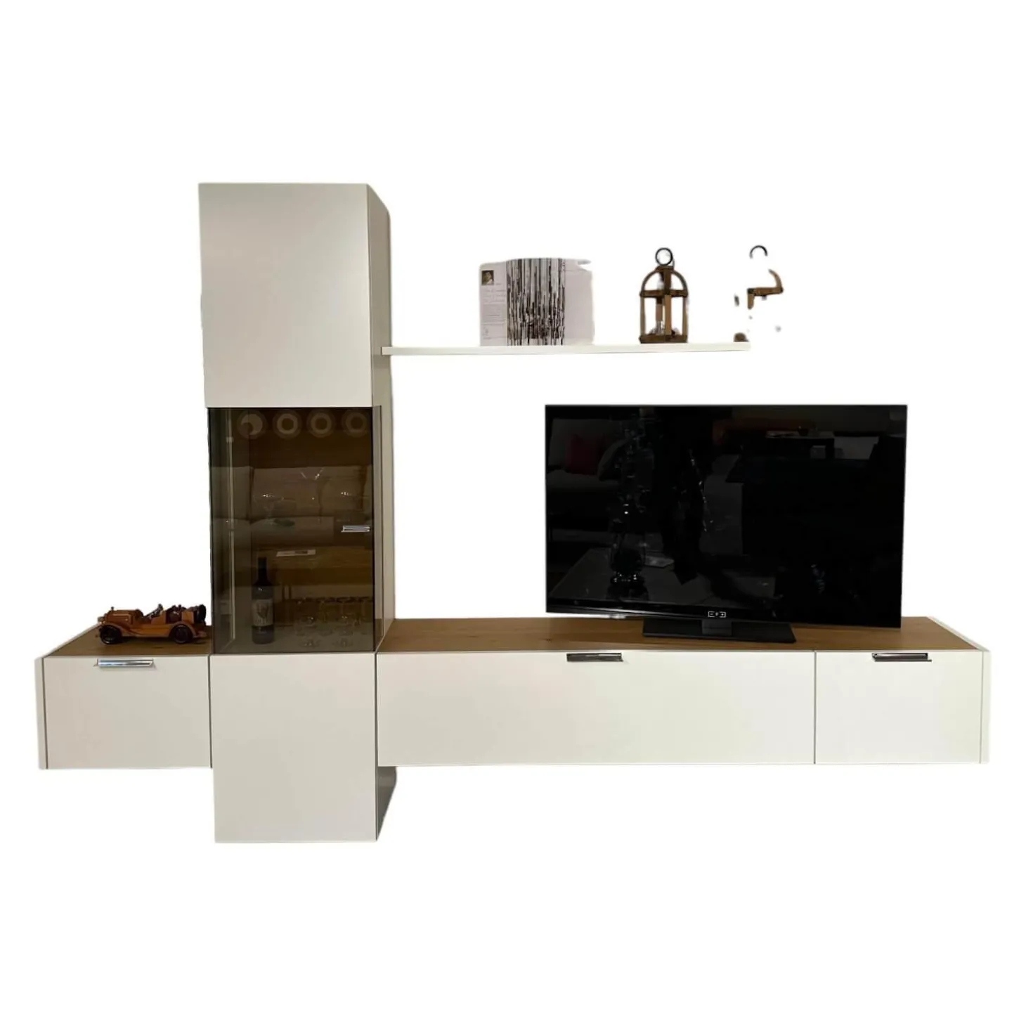 Wohnwand Fena Wohnen Lack Reinweiss Akzent Balkeneiche Mit Beleuchtung Und Funkfernbedienung