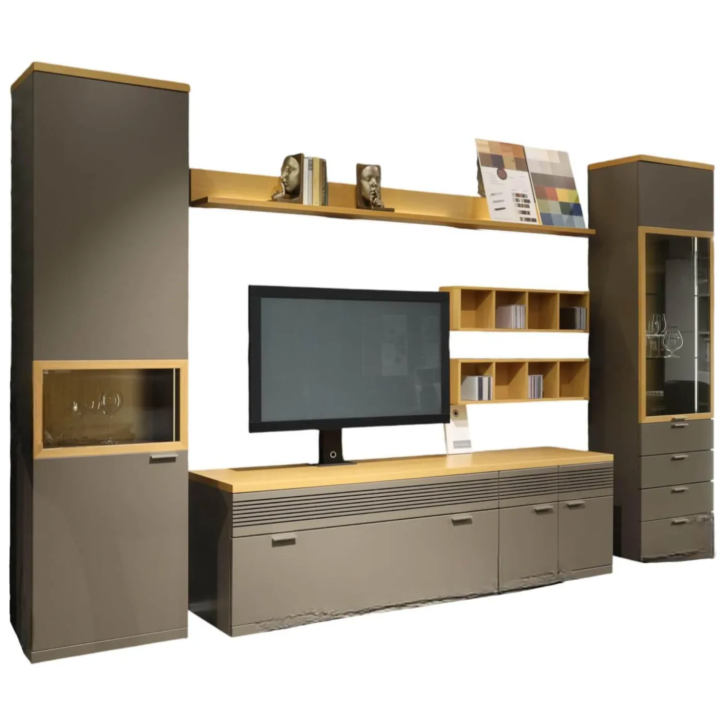 Wohnwand Flair Rahmenfarbe Eiche Sand Lack Terra Grau Griff T8 Edelstahlfarbig Mit LED Beleuchtung