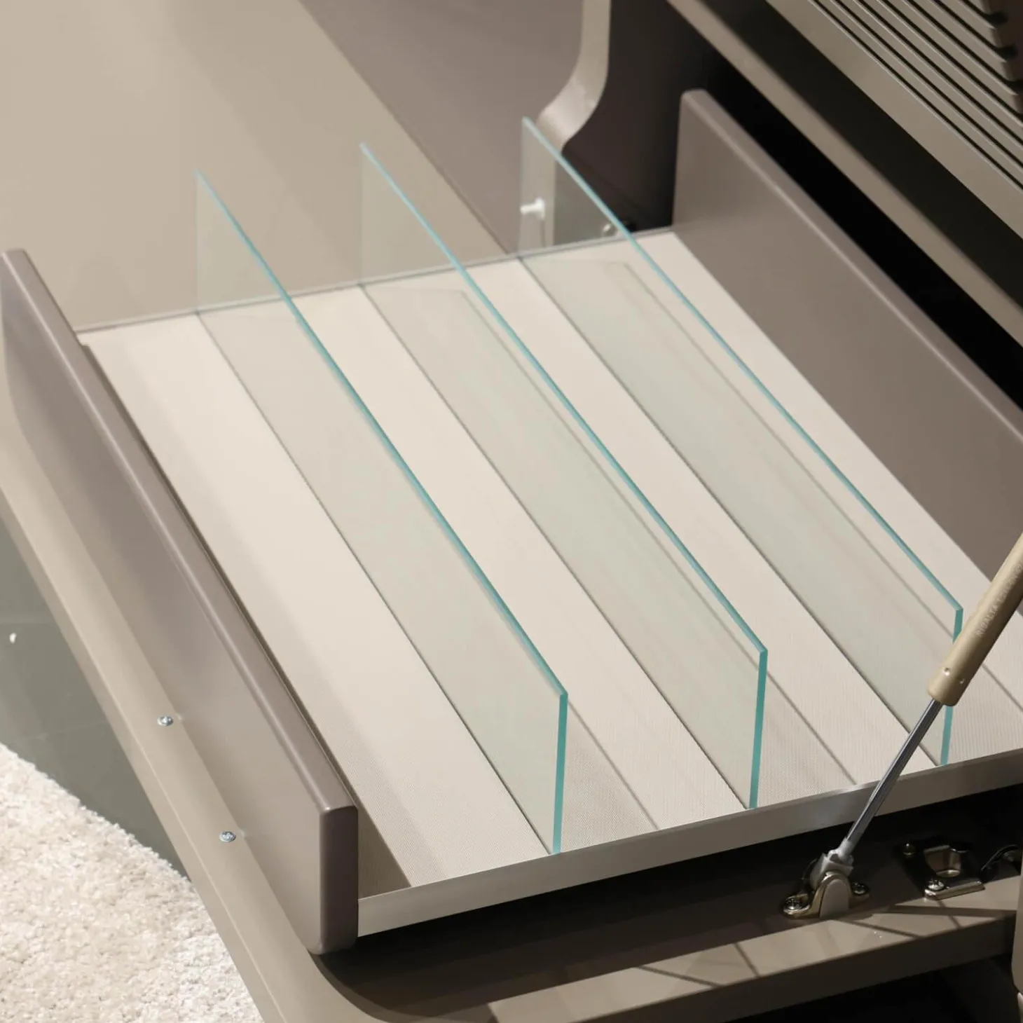 Wohnwand Flair Rahmenfarbe Eiche Sand Lack Terra Grau Griff T8 Edelstahlfarbig Mit LED Beleuchtung