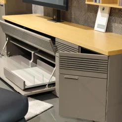 Wohnwand Flair Rahmenfarbe Eiche Sand Lack Terra Grau Griff T8 Edelstahlfarbig Mit LED Beleuchtung