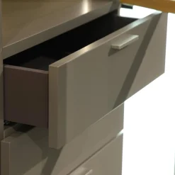 Wohnwand Flair Rahmenfarbe Eiche Sand Lack Terra Grau Griff T8 Edelstahlfarbig Mit LED Beleuchtung