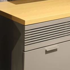 Wohnwand Flair Rahmenfarbe Eiche Sand Lack Terra Grau Griff T8 Edelstahlfarbig Mit LED Beleuchtung