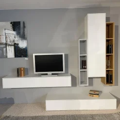 Wohnwand Game Glattlack Verkehrsweiß Glattlack Steingrau Ethno Eiche