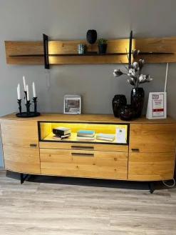 Wohnwand Giulia Wildeiche Massiv Soft Gebürstet Gestell Metall Carbonfarbig Schwarz Mit Beleuchtung