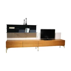 Wohnwand I ModulART Lowbaord Nussbaum Canaletto Wandregal Blu Vinca Dunkelblau Rückwand Marmor Calacatta