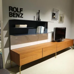 Wohnwand I ModulART Lowbaord Nussbaum Canaletto Wandregal Blu Vinca Dunkelblau Rückwand Marmor Calacatta