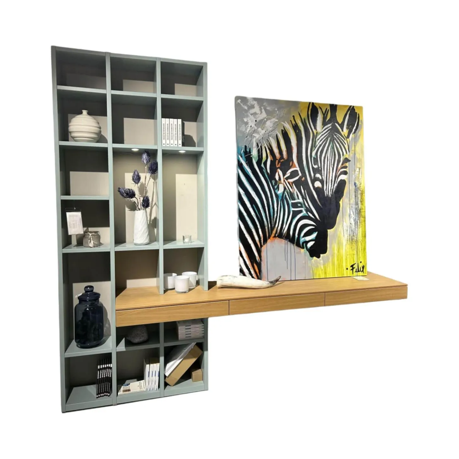 Wohnwand Kara Lack Mint Grün Und Eiche Sand Furniert Griffe Edelstahlfarbig