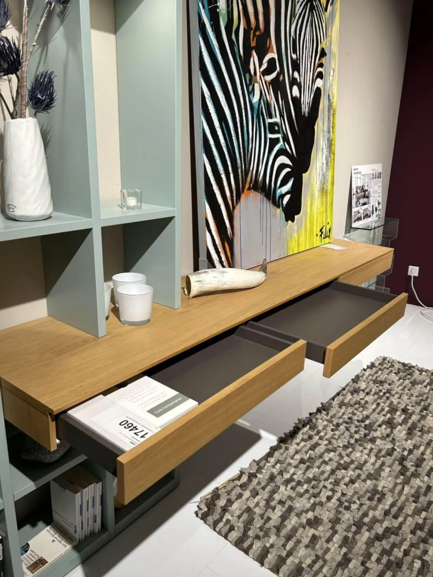 Wohnwand Kara Lack Mint Grün Und Eiche Sand Furniert Griffe Edelstahlfarbig