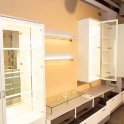 Wohnwand Kira Korpus Und Front Lack Weiß Regale Lack Grau Mit LED-Beleuchtung