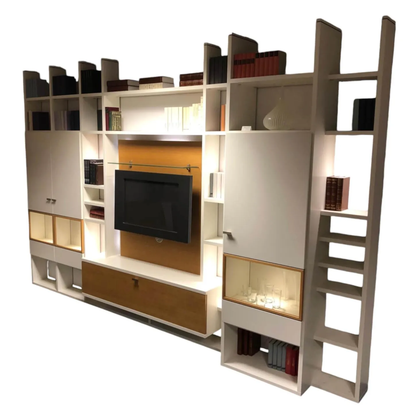 Wohnwand Leto Lack Weiß Wildeiche Furniert mit Beleuchtung