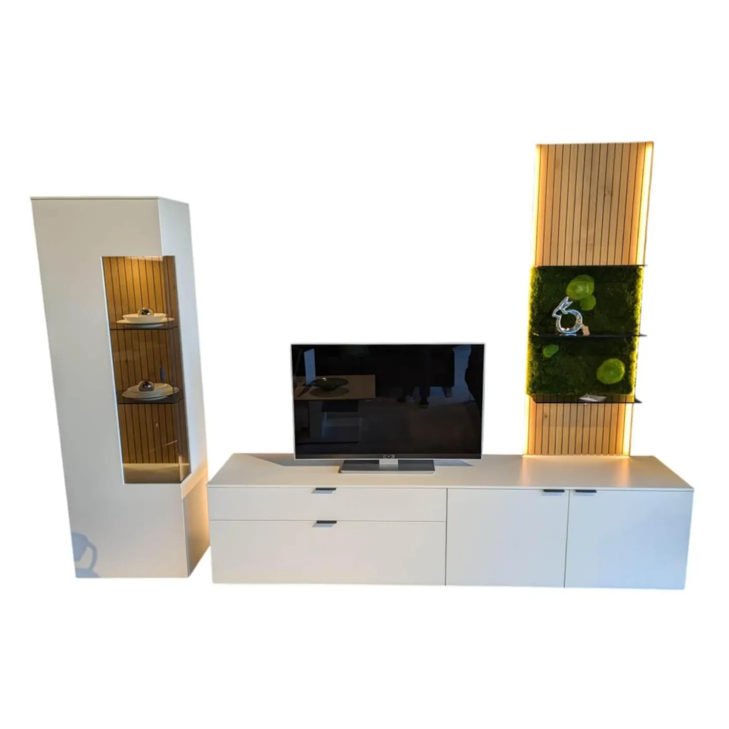 Wohnwand Linera Lack Seidenmatt Weiß Akzente Wildeiche Natur Mit LED Beleuchtung