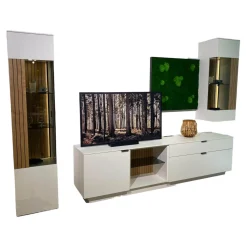 Wohnwand Linera Seidenmatt Weiß Wildeiche Natur Moos