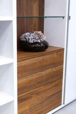 Wohnwand Mega-Design Lackbeschichtung Weiß Furniert Kernnussbaum