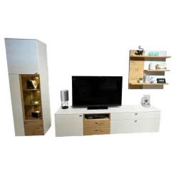 Wohnwand Mino Lack Kristallweiß Matt Akzent Wildeiche Hell Soft Gebeizt Und Geölt inkl. Glastür Für Vitrine Parsolglas Mit LED-Beleuchtung