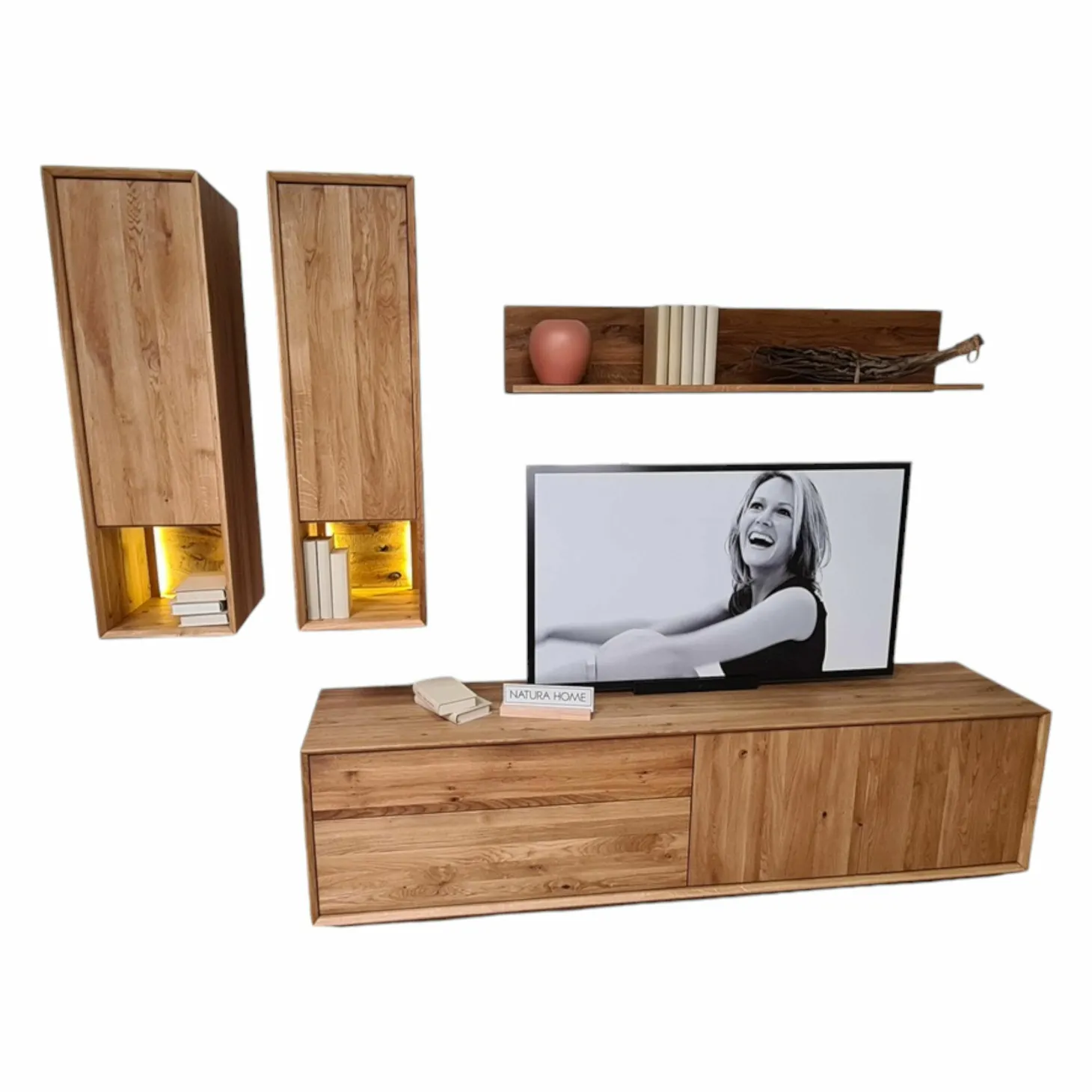 Wohnwand Missoula Eiche Massiv Geölt mit LED-Beleuchtung