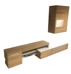 Wohnwand Modell Laguna Ausführung Eiche Bianco Massiv Weiß mit Zubehör und Beleuchtung