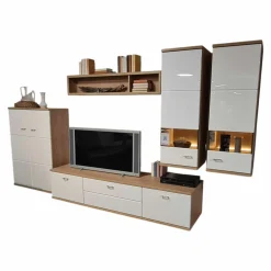 Wohnwand Multiplan Wildeiche Dekot Front Weiß Hochglanz