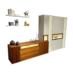 Wohnwand Neo Kernnussbaum Und Lack Reinweiss Mit Hinterlackiertem Glas Inklusive Beleuchtung