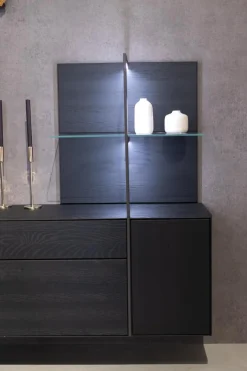 Wohnwand Persis Eiche Massiv Anthrazit Reliefglass Anthrazit Metallrahmen Edelstahl Mit Beleuchtung