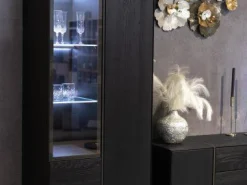 Wohnwand Persis Eiche Massiv Anthrazit Reliefglass Anthrazit Metallrahmen Edelstahl Mit Beleuchtung