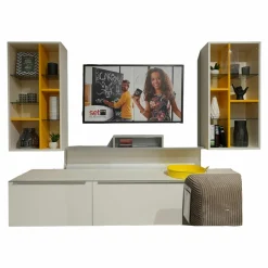 Wohnwand Phoenix Holz Weiß Und Gelb Mit 2 Klappen Und Beleuchtungsset