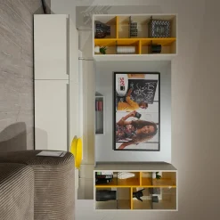 Wohnwand Phoenix Holz Weiß Und Gelb Mit 2 Klappen Und Beleuchtungsset