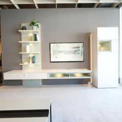 Wohnwand Plan X Lack Weiß Matt Absetzung Jadegrün Matt Inklusive Beleuchtung Mit Regal Ohne Fernseher