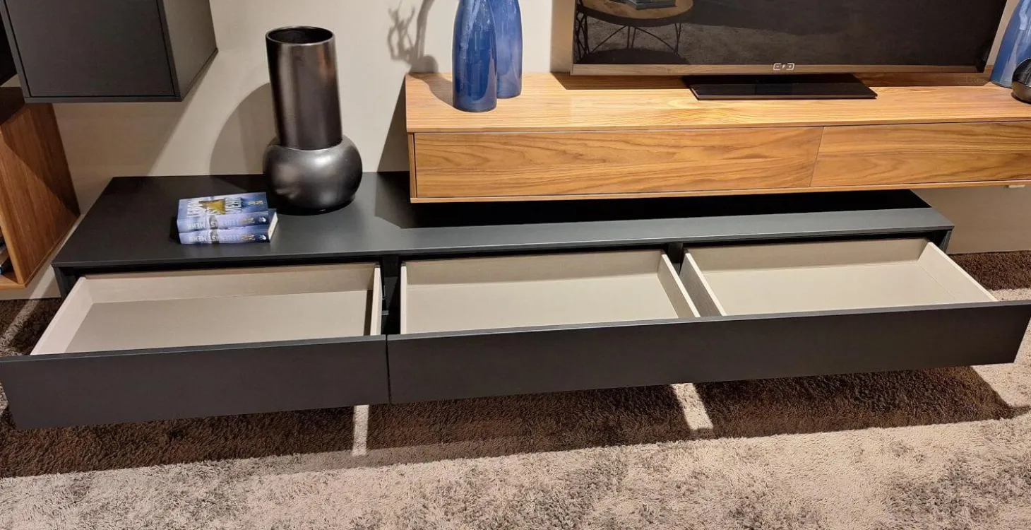 Wohnwand pl.Cera Lack Anthrazit Nussbaum Natur Furniert