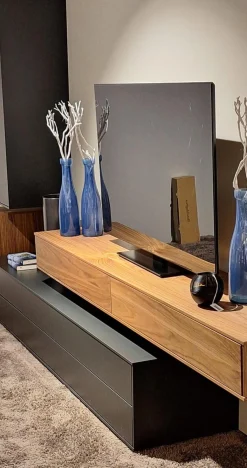 Wohnwand pl.Cera Lack Anthrazit Nussbaum Natur Furniert